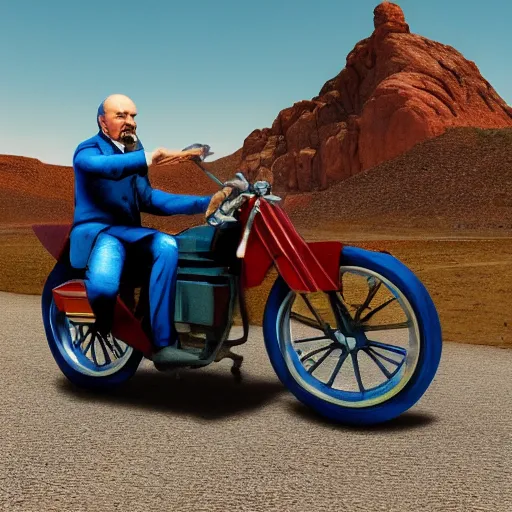 Prompt: a photo of vladimir lenin riding a motorbike, desert road, blue skies, hyper realistic, 4 k