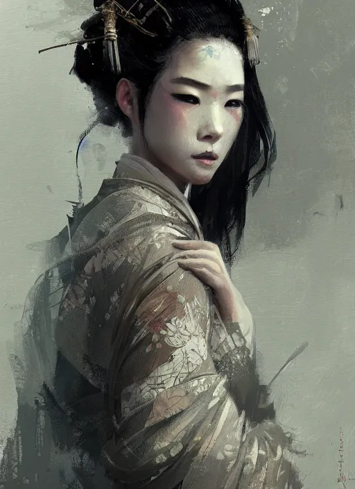 Image similar to female geisha girl, beautiful face, rule of thirds, intricate outfit, spotlight, by greg rutkowski, by jeremy mann, digital painting