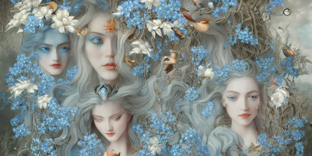 Image similar to breathtaking detailed concept art painting art deco pattern of blonde faces goddesses amalmation light - blue flowers with anxious piercing eyes and blend of flowers and birds, by hsiao - ron cheng and john james audubon, bizarre compositions, exquisite detail, extremely moody lighting, 8 k