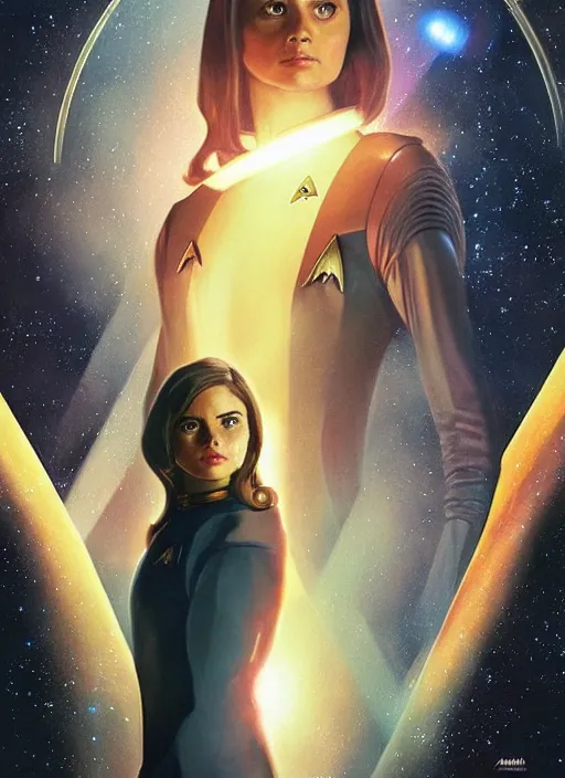 Image similar to jenna coleman as a star trek captain, a still from star trek painted by artgerm and greg rutkowski and alphonse mucha. clear highly detailed face, beautiful sci fi art