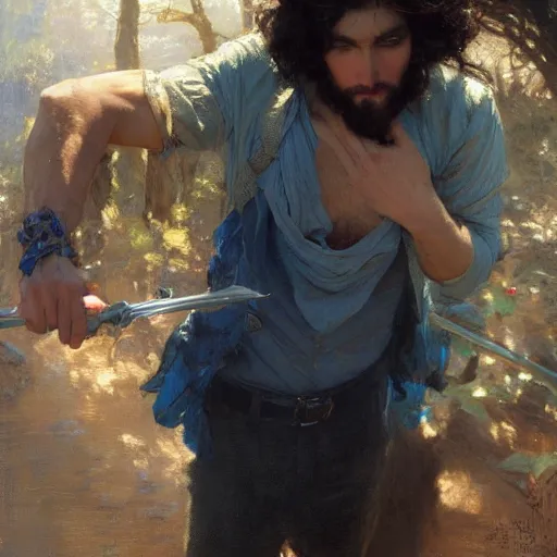 Prompt: detailed cinematic wide shot of beautiful attractive masculine man black hair slim face symettrical face clean skin blue eyes black clothes, ultra realistic, spring light, painting by gaston bussiere, craig mullins, j. c. leyendecker