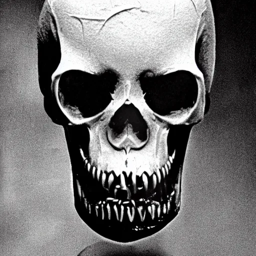 Image similar to crooked teeth, black eyes, gaping mouth, alien looking, skull like, big forehead, horrifying, killer, creepy, dead, monster, tall, incredibly skinny, open mouth, deathly, old photo, turning yellow