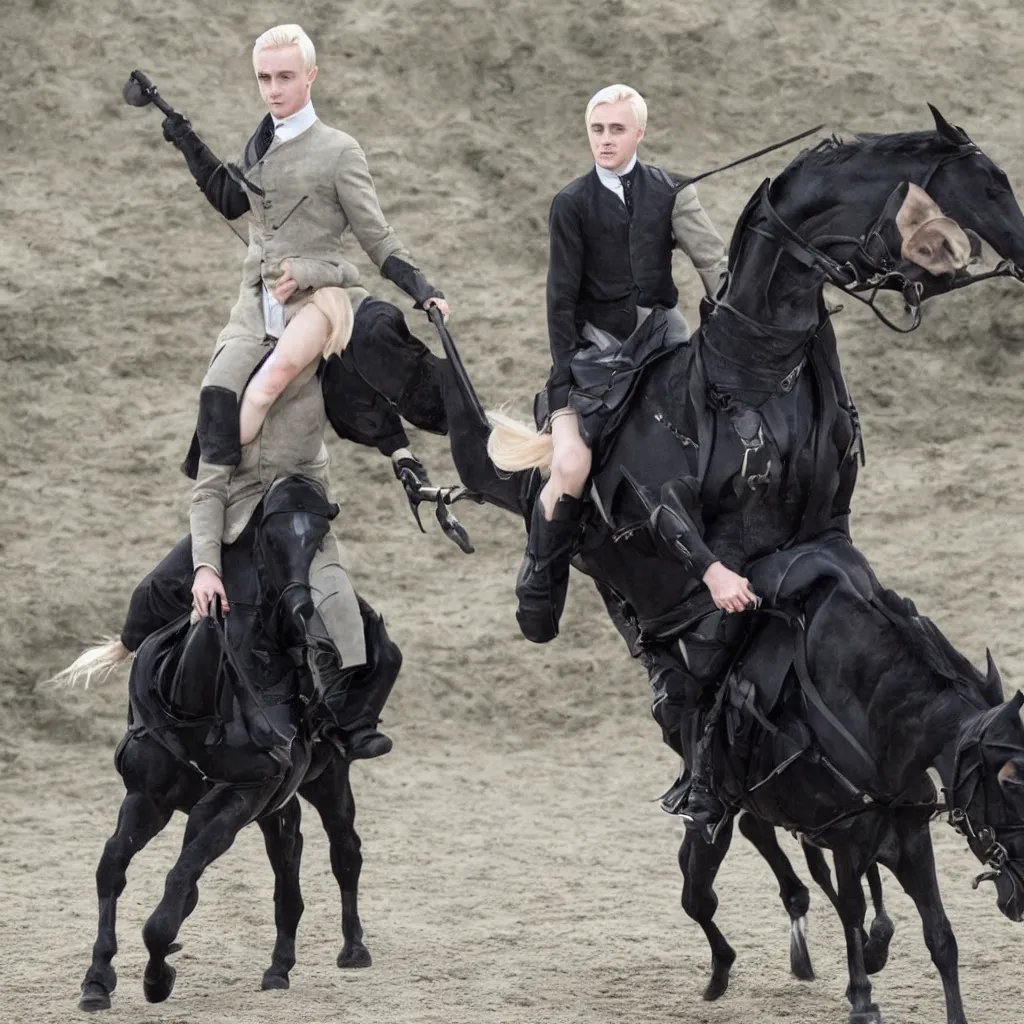 Prompt: Draco Malfoy riding one black horse