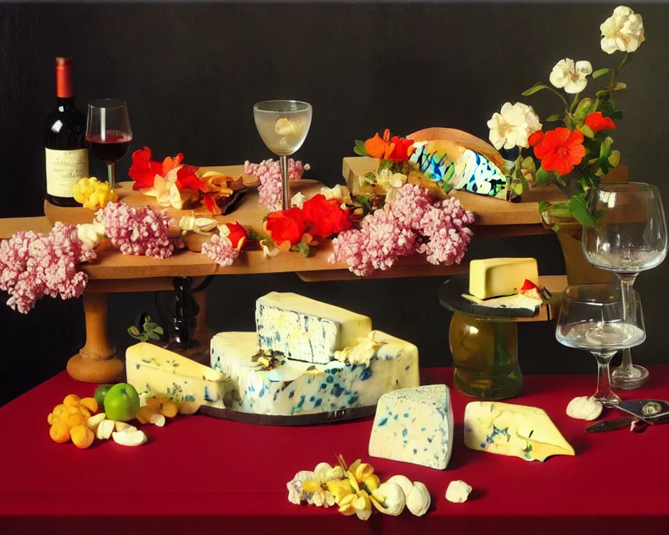 Prompt: an achingly beautiful still life featuring blooming flowers, cheeses, red wine, and model trains by Raphael, Hopper, and Rene Magritte. detailed, romantic, studio lighting, enchanting, trending on artstation.