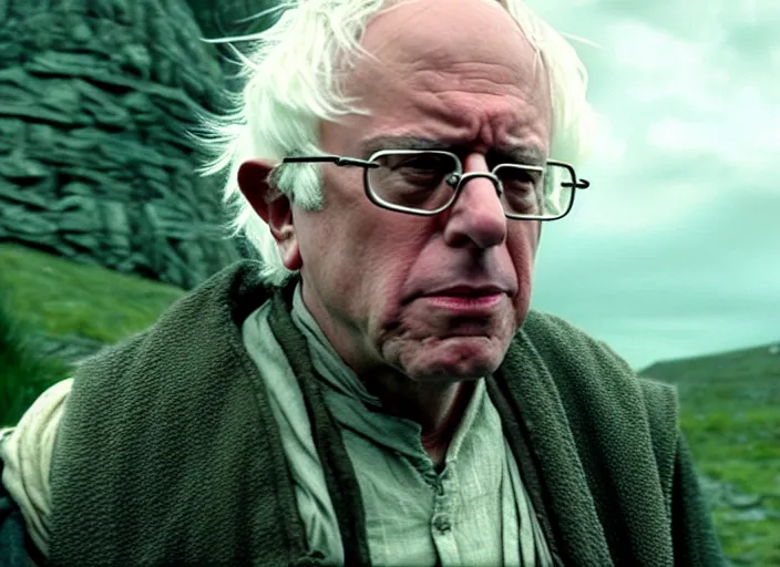 Image similar to film still of bernie sanders as frodo in lord of the rings movie, 8 k