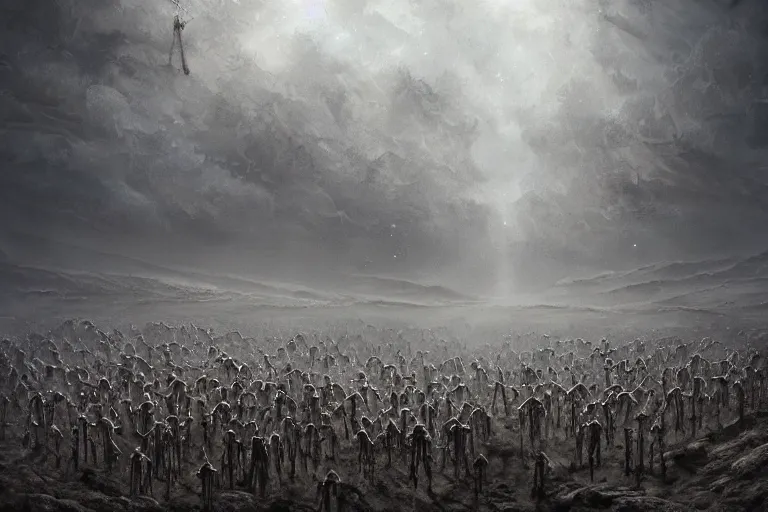 Image similar to army of bones forming, prophecy, moody, amazing concept painting, art station, by Jessica Rossier and HR giger and Beksinski, the middle of a valley; it was full of bones, bones that were very dry, there was a noise, a rattling sound, and the bones came together, bone to bone , I looked, and tendons and flesh appeared on them and skin covered them, but there was no breath in them and breath entered them, they came to life and stood up on their feet a vast army