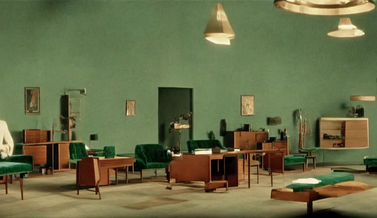 Image similar to a still of severance series indoor 7 0 s green velvet and wood with metal furniture office scenario appearing in a film of jodorowsky, in movie holy mountain ( 1 9 7 3 )