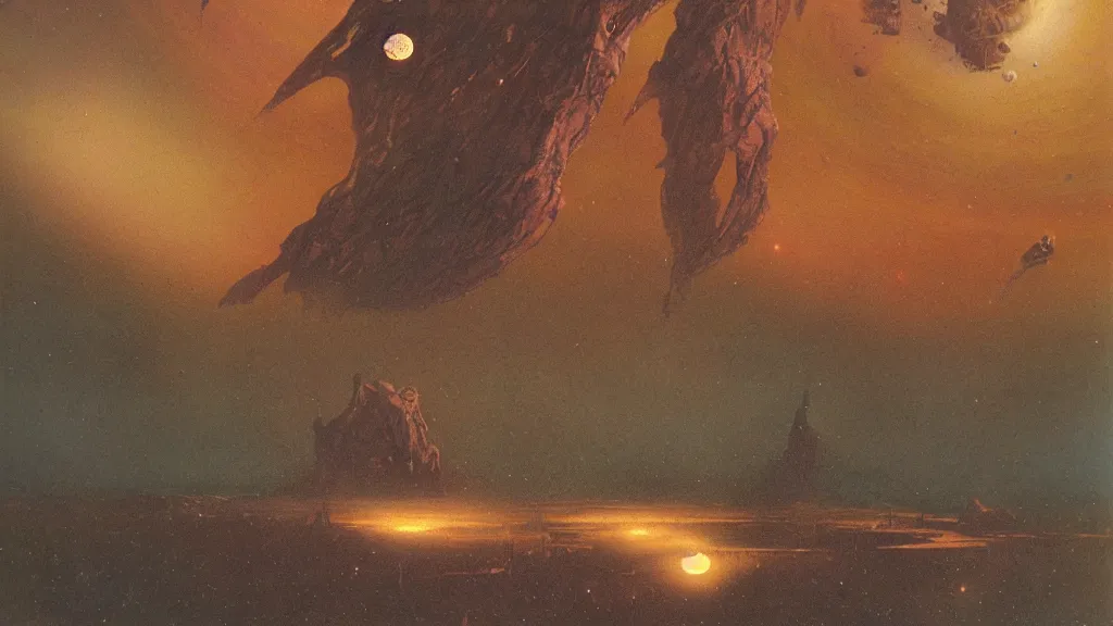 Image similar to eerie atmospheric alien planet with a small organic dropship landing by jack gaughan and bob eggleton and chris moore, epic cinematic matte painting