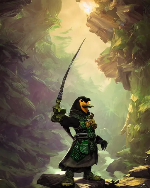 Image similar to Pengolin rogue, green, forest background, magic the gathering artwork, D&D, fantasy, cinematic lighting, centered, symmetrical, highly detailed, digital painting, artstation, concept art, smooth, sharp focus, illustration, volumetric lighting, epic Composition, 8k, art by Akihiko Yoshida and Greg Rutkowski and Craig Mullins, oil painting, cgsociety