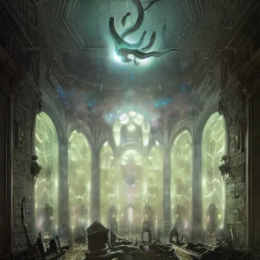 Prompt: eldritch legislature, fantasy, realistic colorful photography, interior, hyperrealism, incredible, award - winning photography, regal, rich colors, by greg rutkowski, lovecraftian, violet