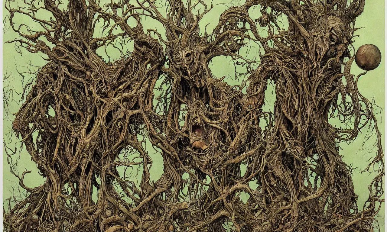 Image similar to hyperdetailed art nouveau portrait of treebeard and old groot as a cthulhu eyeball moose skull wendigo swamp thing creatures, by michael kaluta, pushead and bill sienkiewicz, photorealism, claws, skeleton, antlers, fangs, forest, wild, bizarre, scary, lynn varley, lovern kindzierski, steve oliff