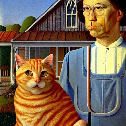 Image similar to fat orange tabby cat, man with afro in american gothic by grant wood