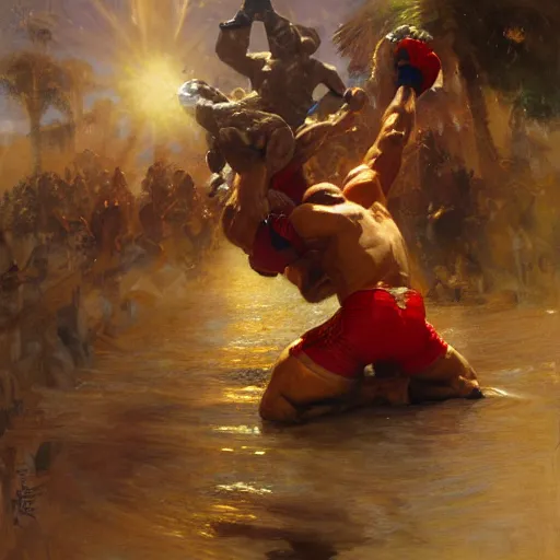 Image similar to the iron sheik breaking hulk hogan's back, radiant light, caustics, heroic, bright iridescent light, by gaston bussiere, bayard wu, greg rutkowski, maxim verehin, epic wrestling combat, legendary