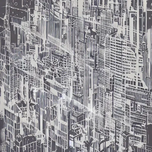 Prompt: double exposure serigraphy art depicting city