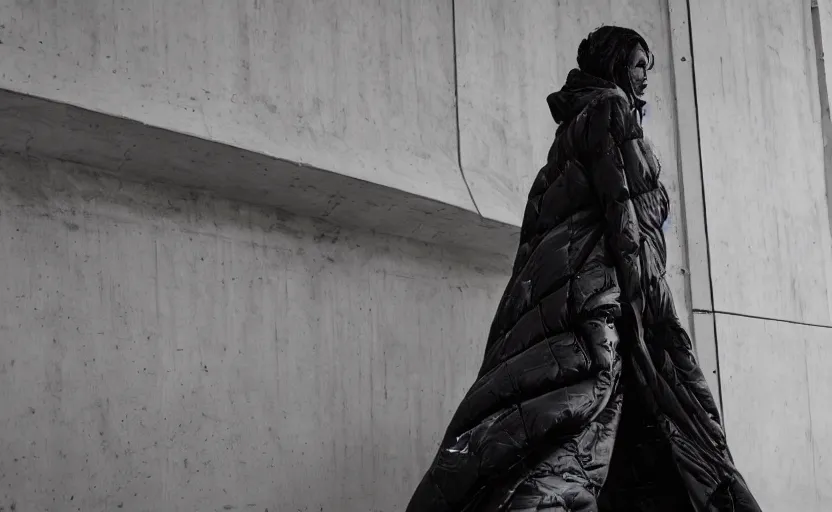 Image similar to beautifully lit fashion portrait of extremely beautiful black female marble statue wearing huge oversize quilted flowing floor length long puffer jacket by dingyun zhang, yeezy, balenciaga, vetements, a cold wall, sharp focus, clear, detailed, romantic, brutalist architecture in background, detailed, white, soft, symmetrical, vogue, editorial, fashion, magazine shoot, glossy