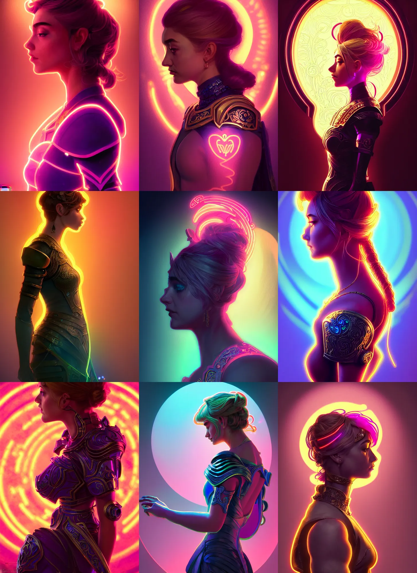 Prompt: side portrait, imogen poots paladin!, gloomhaven, soft, smooth, luminescent, art nouveau tarot, backlit neon glow, colorful swirly ripples, fancifully gaudy colors, aesthetic octane render, unreal engine, 8 k, by mucha, ilya kuvshinov!, cushart krenz