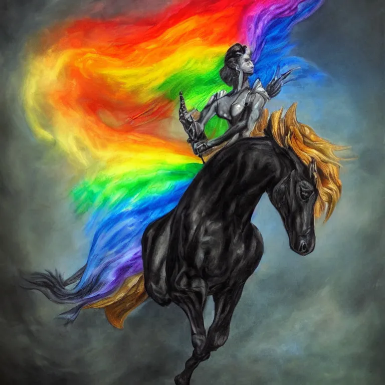 Prompt: fantasy portrait of a rainbow demon riding a black horse