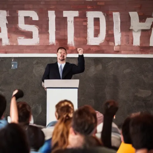 Prompt: A man with a clenched fist for his head giving a speech at a podium, in front of an audience that are raising their fists, realistic