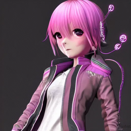 Image similar to portrait of a anime and chibi very cute girl with purple jacket design by antonio mello, xkung work, cyberpunk fashion, character modeling, toy design, substance 3 d painter, blender, mental ray, zbrush, soft vinyl, bio luminescent, maximalist sculpted design portrait, studio photo, 7 0 mm lens, trending in artstation