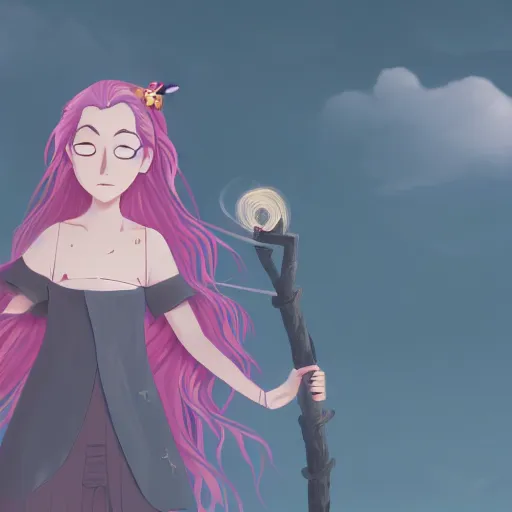 Image similar to A young adult witch with a cottage-core aesthetic with rose-colored hair and teal clothing, Nobutaka Ike, animated film still, character design, fantasy, 8k resolution