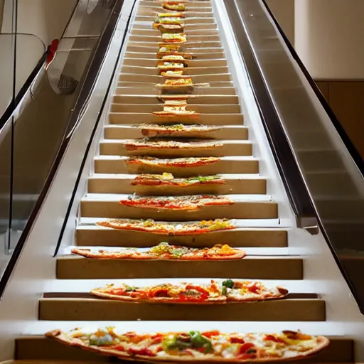 Image similar to m c esher staircase made of pizza