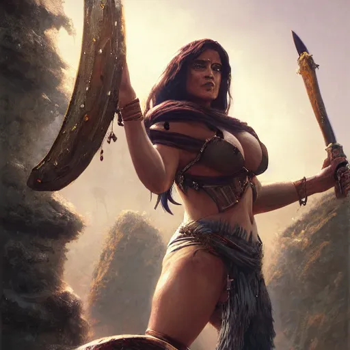 Image similar to salma hayek as a barbarian warrior, in gta v, stephen bliss, unreal engine, fantasy art by greg rutkowski, loish, rhads, ferdinand knab, makoto shinkai and lois van baarle, ilya kuvshinov, rossdraws, tom bagshaw, global illumination, radiant light, detailed and intricate environment