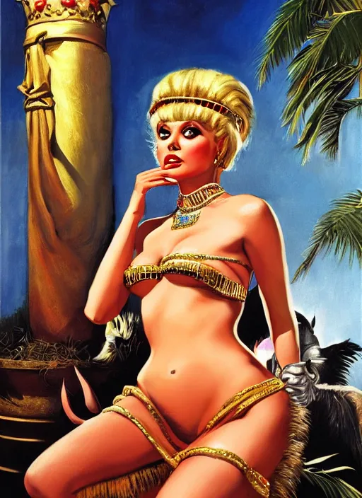 Image similar to lili st. cyr as cleopatra, pulp art oil painting by mort kunstler, intricate, hyper detailed, 4 k, hd, award winning, photorealistic