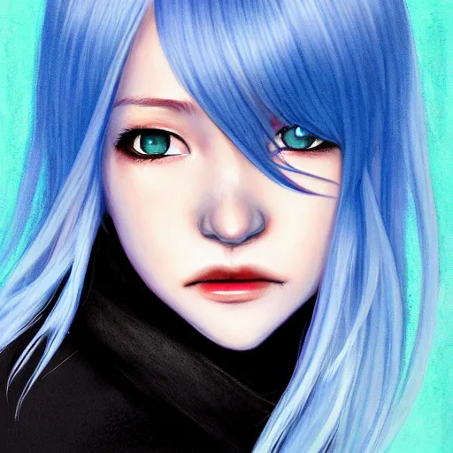 Image similar to full face shot of rimuru tempest, sky blue straight hair, long bangs, with amber eyes, wearing a black jacket, high collar, ultra detailed, concept art, award winning photography, digital painting, cinematic, wlop artstation, closeup, pixiv, evil, yoshitaka amano, andy warhol, ilya kuvshinov,