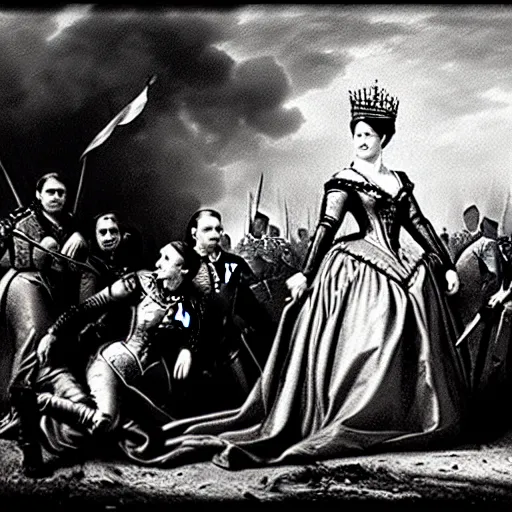 Prompt: a potrait of queen of europe in the middle of bloody battlefield, taken in 1 8 7 0, black and white, photorealistic kodak