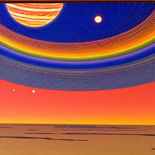 Image similar to Liminal space in outer space by Jean Giraud slightly influenced by Carlos Cruz-Diez and as a painting, there are two orangeish big planets on top of each other in the left side and more planets and stars in the background