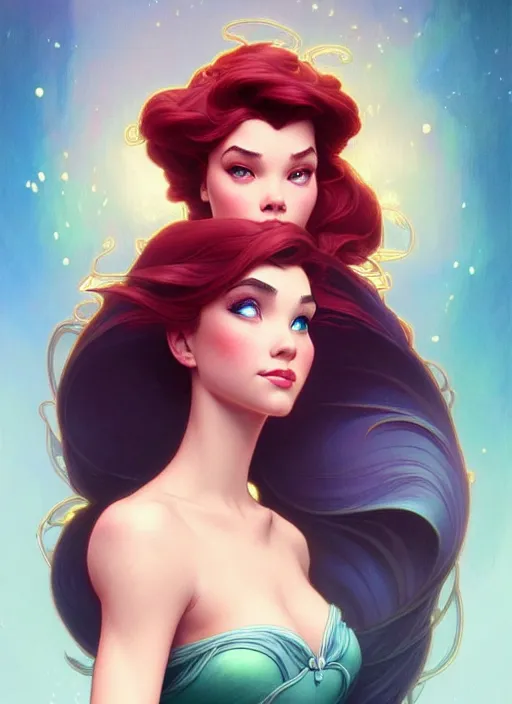 Image similar to portrait of disney ariel, intricate, elegant, highly detailed, my rendition, digital painting, artstation, concept art, smooth, sharp focus, illustration, art by artgerm and greg rutkowski and alphonse mucha and uang guangjian and gil elvgren and sachin teng, symmetry!!