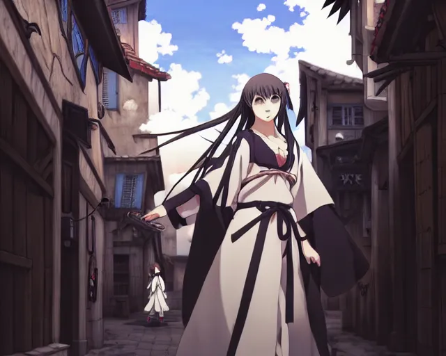 Prompt: pixiv, key anime visual portrait of a young female in robe walking through a busy medieval village, dynamic pose, dynamic perspective, cinematic, dramatic lighting, detailed silhouette, anime proportions, last exile, ghibli