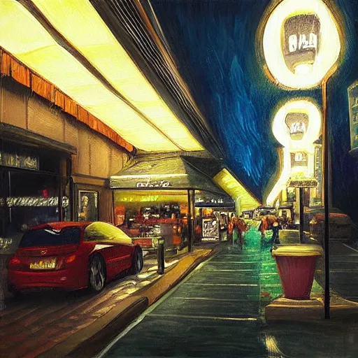 Image similar to “a big store at night realistic panting”