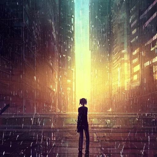Image similar to android cyborg in urban dystopia makoto shinkai raining