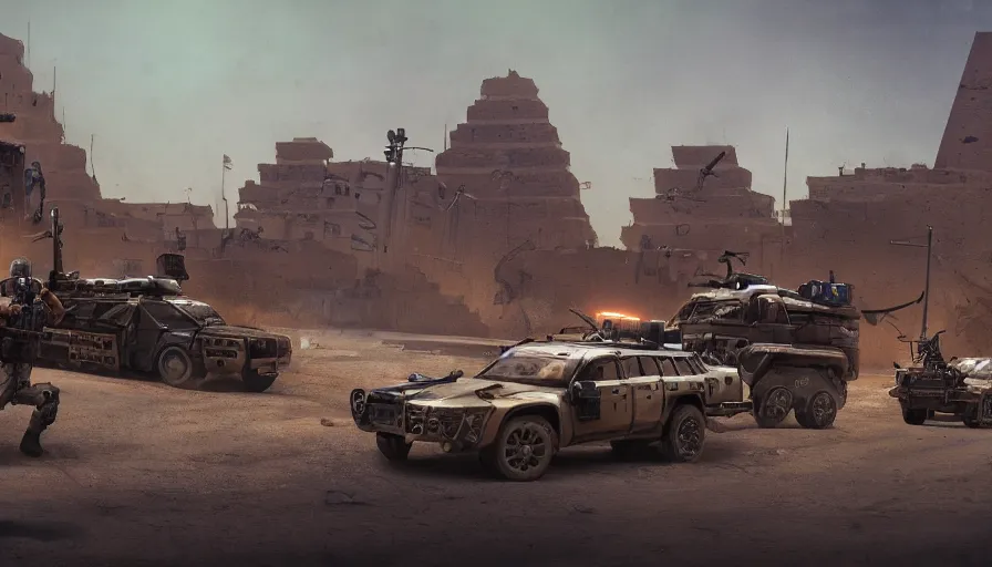 Prompt: a militarized police vehicle with mounted weapons riding through an orwellian egyptian town, ornate pyramids in the background, furious action scene, an epic fantasy, dramatic lighting, cinematic, establishing shot, extremely high detail, photorealistic, cinematic lighting, artstation, octane render, by simon stalenhag, horizon forbidden west