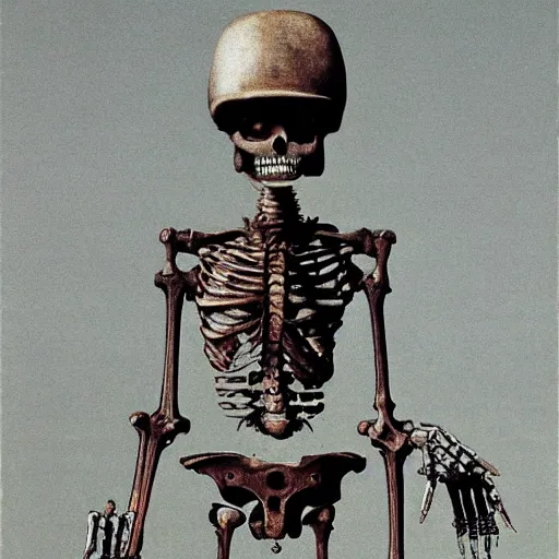 Image similar to robot cowboy skeleton with 4 arms, holding 4 guns, highly detailed beksinski art