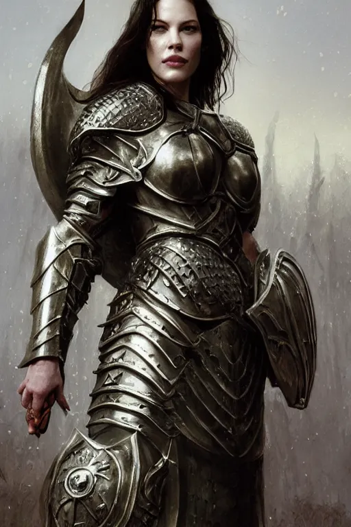 Image similar to liv tyler, warrior, partially clothed in metal battle armor, lord of the rings, tattoos, decorative ornaments, by carl spitzweg, ismail inceoglu, vdragan bibin, hans thoma, greg rutkowski, alexandros pyromallis, perfect face, fine details, realistic shading, photorealism