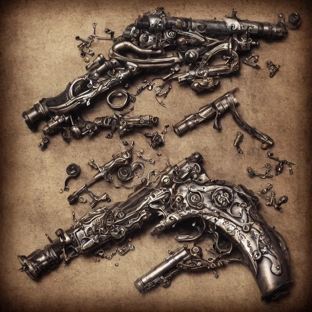 Prompt: a gun very cool, steampunk style,, highly detailed, photorealistic