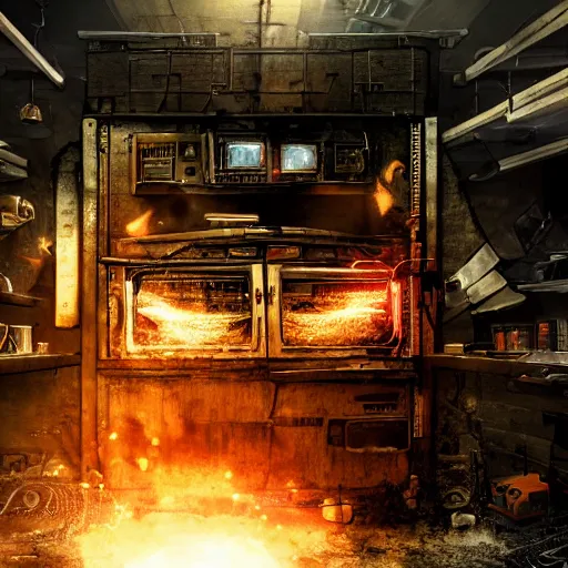 Image similar to cyborg toaster oven repairman, dark messy smoke - filled cluttered workshop, dark, dramatic lighting, orange tint, sparks, plasma rays, cinematic, highly detailed, sci - fi, futuristic, movie still, rule of thirds composition