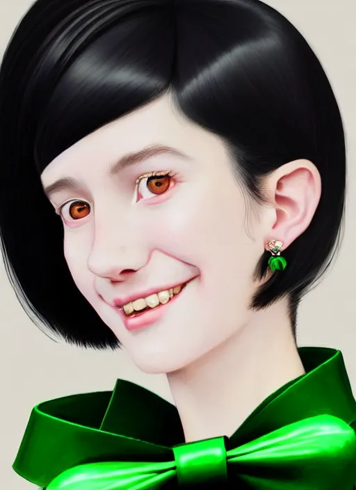 Image similar to portrait of high school girl, realistic, black hair, bangs, half updo hairstyle, pointy nose, skinny, smile, ugly, defined jawline, big chin, green hair bow, earrings, intricate, elegant, glowing lights, highly detailed, digital painting, artstation, sharp focus, illustration, art by wlop, mars ravelo and greg rutkowski