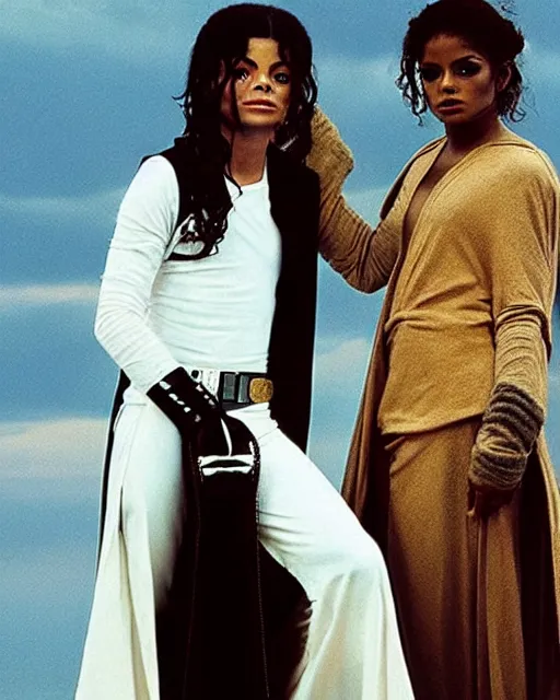 Image similar to 1 8 year old michael jackson as luke skywalker, with janet jackson as princess leia, studio lighting, star wars themed, beautiful tunisia desert at sunset, photoshoot in the styled of annie leibovitz