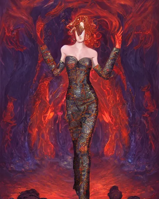 Prompt: Girl at a fashion show in hell, fire, lava, intricate, elegant, highly detailed, digital painting, artstation, concept art, smooth, sharp focus, illustration,photo for magazine, Designer clothes, futuristic clothes, voge photo, fashion style, fullbody, in full growth, Clear facial features, photorealistic, high resolution, highly detailed, details, good clear quality, art by Zdzisław Beksiński