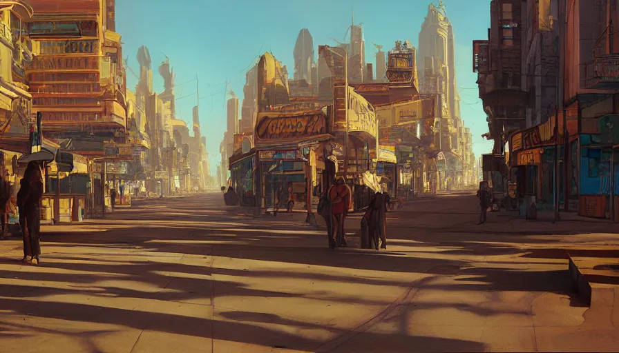 Image similar to a beautiful painting of a retro future city street, ray traced lighting by jean claude mezieres