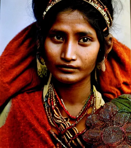 Prompt: vintage_closeup portrait_photo_of_a_stunningly beautiful_nepalese_woman with amazing shiny eyes, 19th century, hyper detailed by Annie Leibovitz and Steve McCurry