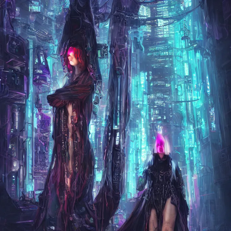 Image similar to futuristic priestess in a hooded robe full of cables and neons, cyberpunk, gothic, fantasy, science fiction, character concept art, matte painting, hyperdetailed, realistic, creepy, atmospheric, cinematic, kinemacolor