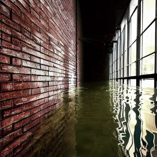 Prompt: flooded hallway with glass brick walls, dark, creepy, eerie, liminal, liminal space,