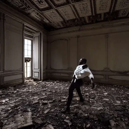 Prompt: kanye west dancing in an abandoned mansion, ominous lighting, realistic, elegant, beautiful, 4 k, sad.