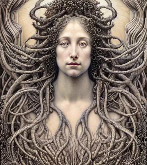 Image similar to detailed realistic beautiful hydra goddess face portrait by jean delville, gustave dore, iris van herpen and marco mazzoni, art forms of nature by ernst haeckel, art nouveau, symbolist, visionary, gothic, neo - gothic, pre - raphaelite, fractal lace, intricate alien botanicals, ai biodiversity, surreality, hyperdetailed ultrasharp octane render