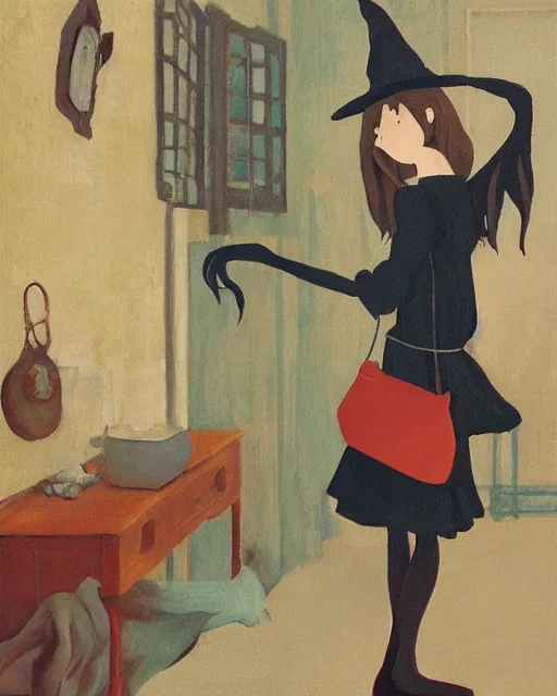 Prompt: witch little girl, minimalist oil painting by studios ghibli and makoto shinkai, inspired by balthus and celeste