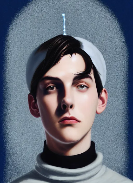 Image similar to portrait of teenage jughead jones wearing a light grey crown, crown, blue turtleneck, 1 9 5 0 s, closed eyes, photorealistic, black hair, glowing lighting, intricate, elegant, glowing lights, highly detailed, digital painting, artstation, concept art, smooth, sharp focus, illustration, art by wlop, mars ravelo and greg rutkowski